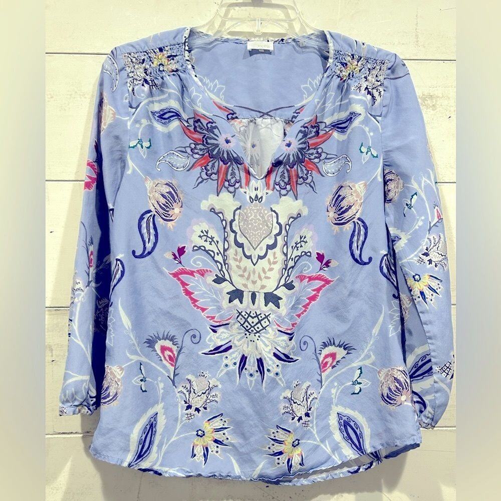 Ecru Silk Blouse Blue Paisley Print V Neck Snap Front Boho Women’s XS